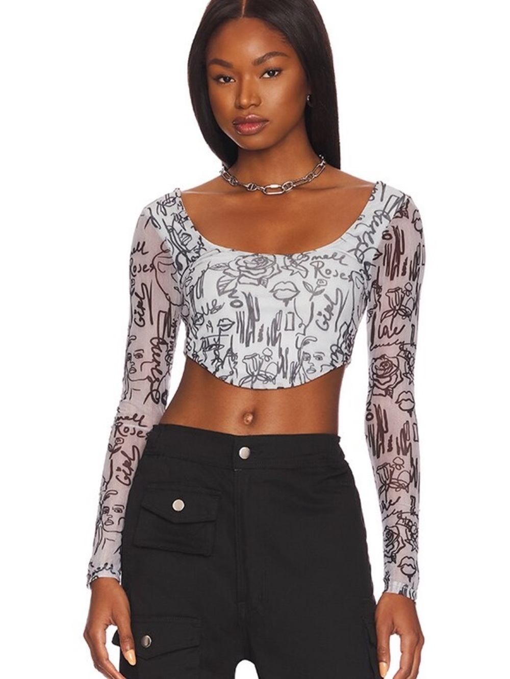 Superdown Graffiti -Print Long Sleeve Crop Top - White